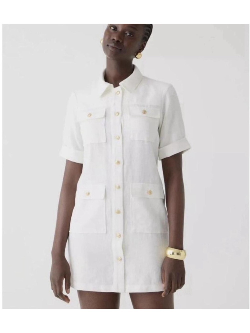 J. Crew Gamine White Linen Shirt Dress Sz 20 Plus Pockets Gold Buttons Preppy
